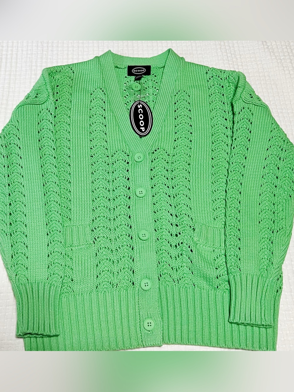 NWT Scoop Green Pointelle Knit V-Neck Cardigan Sweater with Pockets Size S
